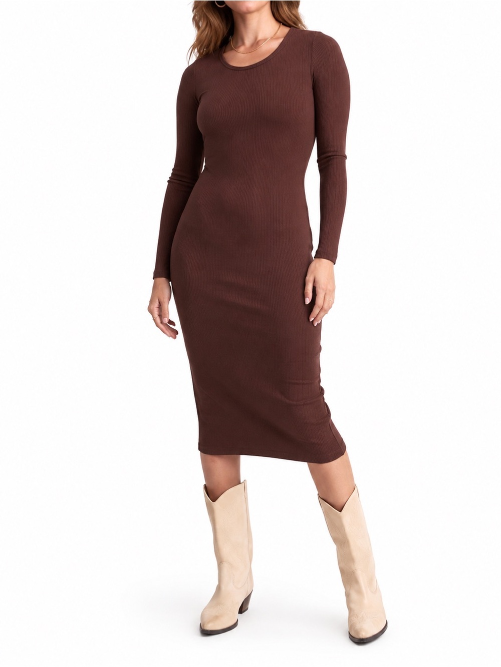 Marine Layer Lexi Dress brown ribbed 0661 body con long sleeve soft midi medium